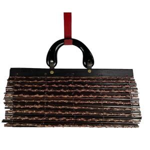 Wood Clutch Bag Woven Bamboo Satchel 14x6.5" Wooden Handbag Purse Vtg 00s